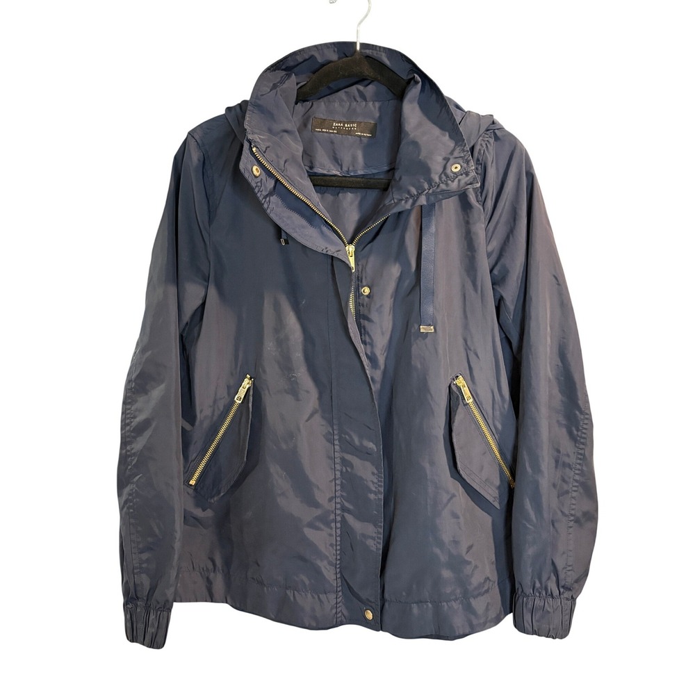 Zara‎ Basic Navy Blue Hooded Windbreaker Jacket Gold Hardware Small